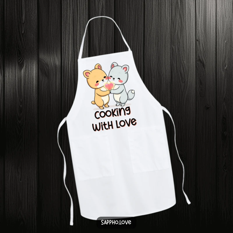 Funny Animal Friends Apron depicting two cute animals holding hands and sharing a glowing heart, perfect for a loving kitchen.