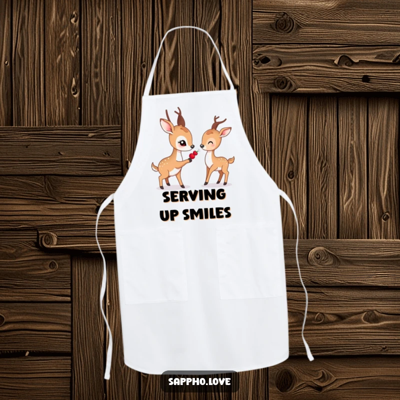 Funny apron showing a gentle deer with soft eyes offering a berry to another deer.