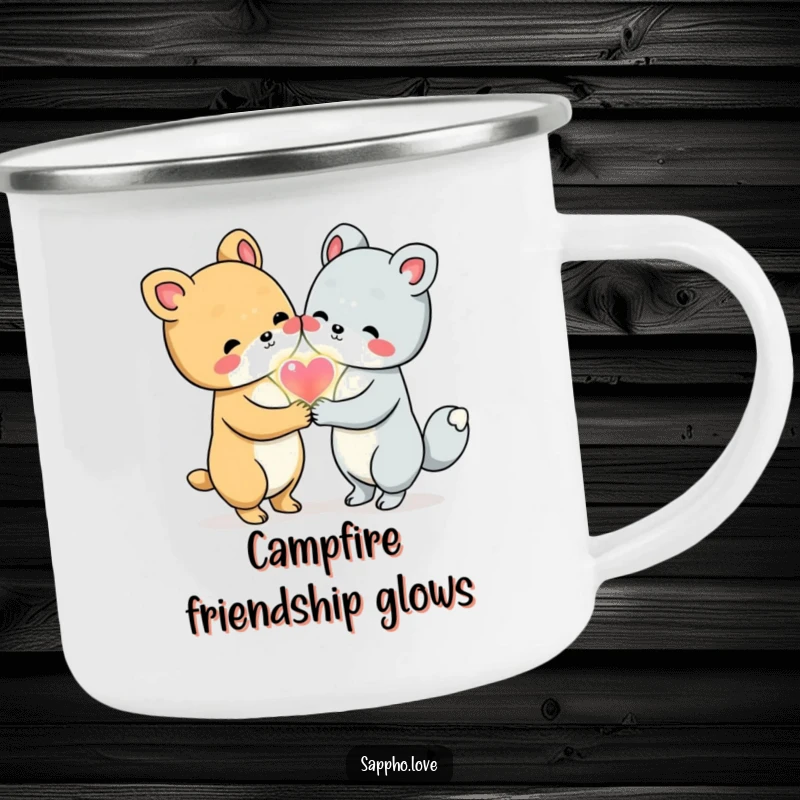 Funny Animal Friends Camping Mug showing two cute animals holding hands and sharing a glowing heart, perfect for outdoor warmth.