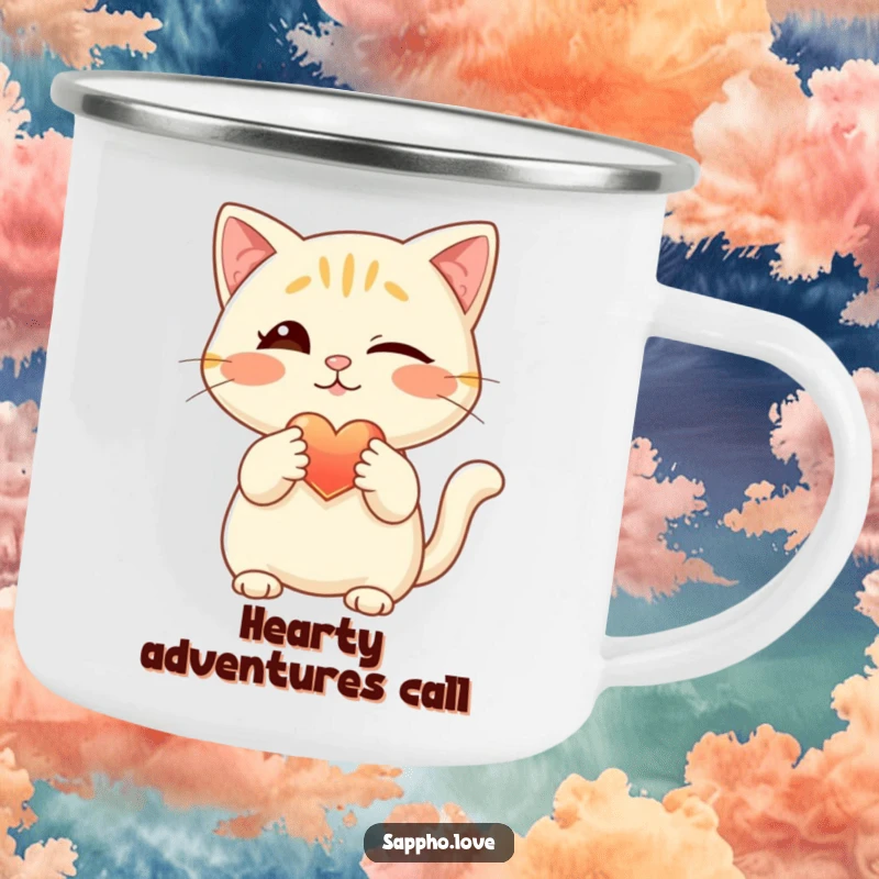 Funny cat camping mug, designed for the outdoors, showing a winking feline offering a luminous heart with its paw, spreading love.