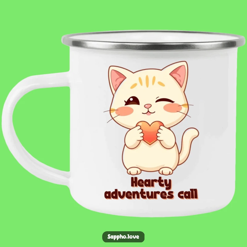 Funny Cat Camping Mug: Winking Feline with Glowing Heart