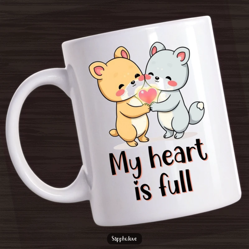Funny Animal Friends Mug showing two cute animals holding hands and sharing a glowing heart, representing love and friendship.