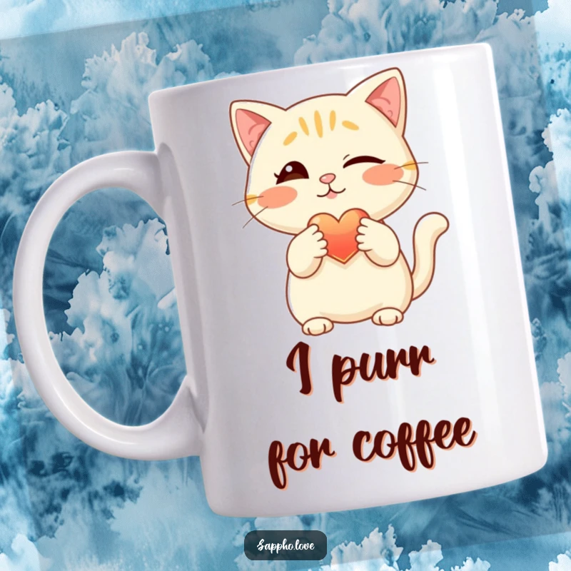 Funny winking cat mug, a playful feline extending a glowing heart with its paw, conveying love and mischief, ideal for couples.