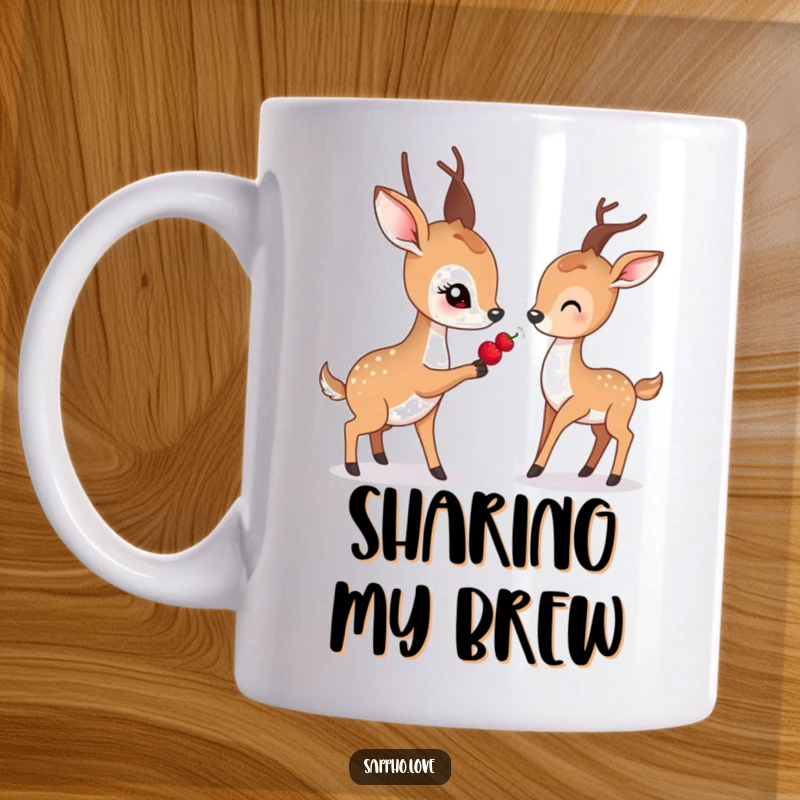 Funny mug showing a gentle deer with soft eyes offering a berry to another deer.