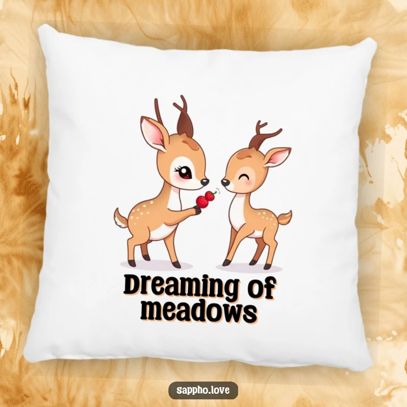 Funny pillow with a gentle deer with soft eyes offering a berry to another deer.