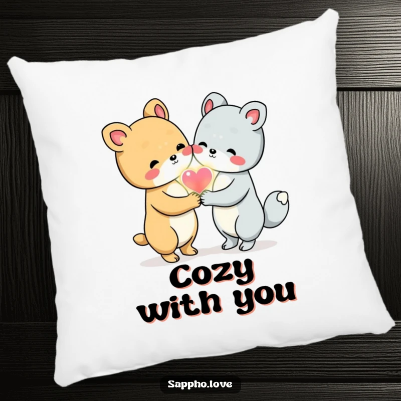 Funny Animal Friends Pillow showing two cute animals holding hands and sharing a glowing heart, offering comfort and love.