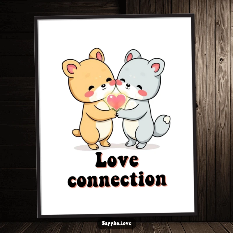 Funny Animal Friends Digital Art Print of two cute animals holding hands and sharing a glowing heart, perfect for heartwarming decor.