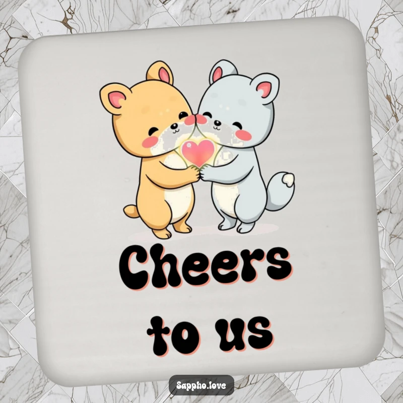 Funny Animal Friends Coaster showing two cute animals holding hands and sharing a glowing heart, protecting surfaces with love.