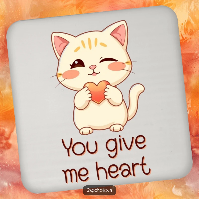 Funny cat drink coasters, showcasing a winking feline offering a radiant heart with its paw, protecting surfaces with style and humor.