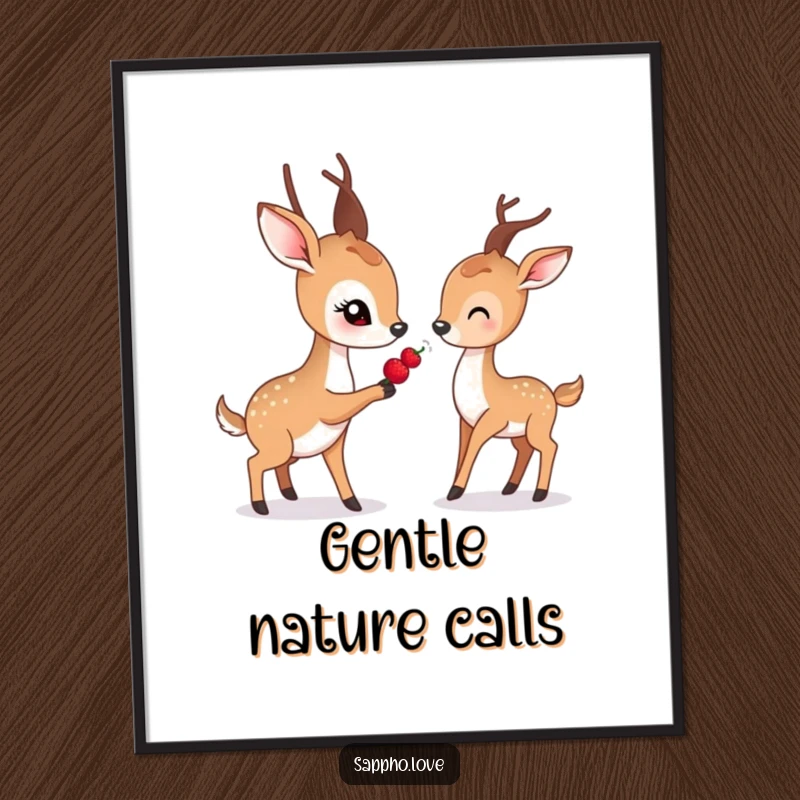 Funny poster depicting a gentle deer with soft eyes offering a berry to another deer.