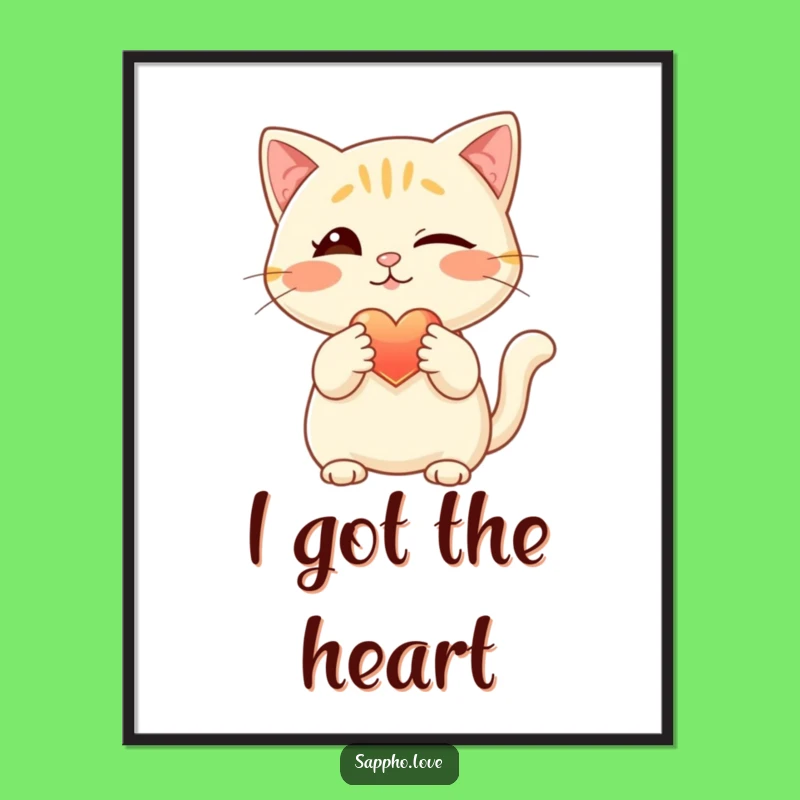 Funny Cat Art Poster: Winking Feline Offering Glowing Heart