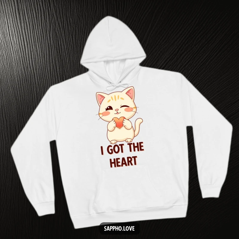 Funny cat hoodie, showing a charming winking feline extending a warm, glowing heart with its paw, perfect for cozy affection.