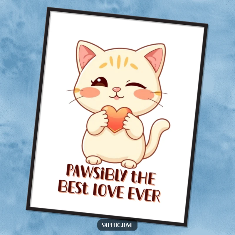 Funny Free Printable Wall Art: A winking cat playfully offers a glowing heart with its paw, adding personality to decor.