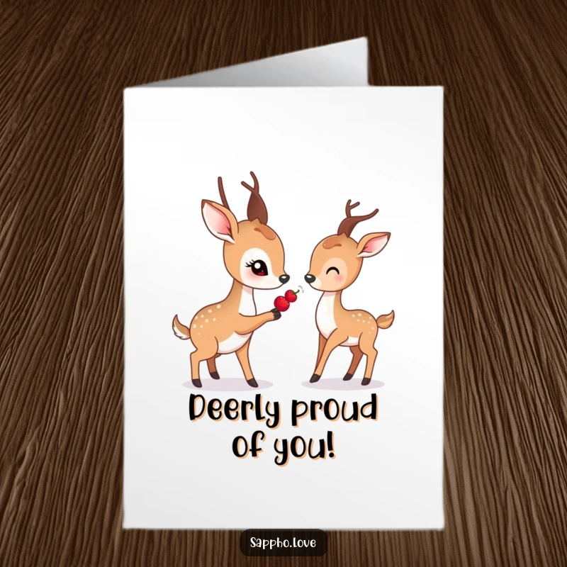 Funny Free Printable Congratulations Card: A tender deer with kind eyes presents a berry to another deer.