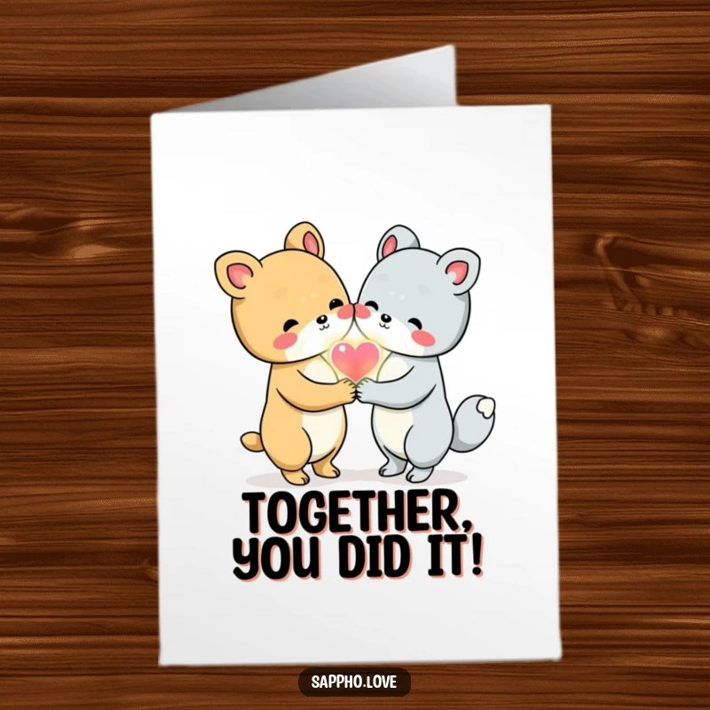 Funny Free Printable Congratulations Card: Two cute animal friends hold hands, sharing a glowing heart in celebration.