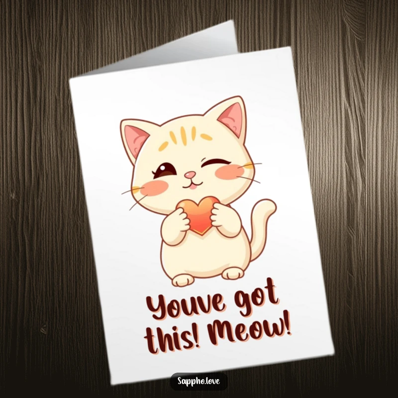 Funny Free Printable Congratulations Card: A winking cat presents a glowing heart with a playful paw, celebrating success.