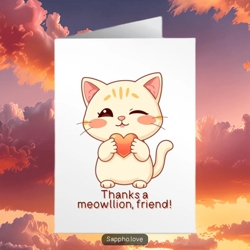 Funny Free Printable Thank You Card: A winking cat offers a glowing heart with its paw, a fun way to say thank you.