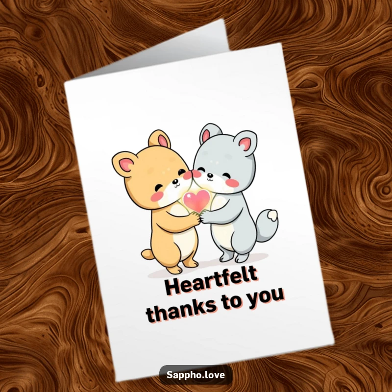 Funny Free Printable Thank You Card: Cute animal friends holding hands share a glowing heart, expressing thanks.