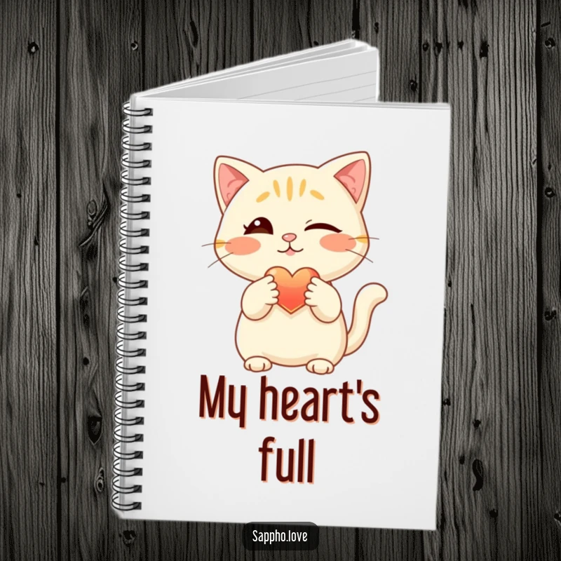 Funny cat notebook, cover illustrated with a winking feline extending a glowing heart with its paw, ideal for journaling and notes.