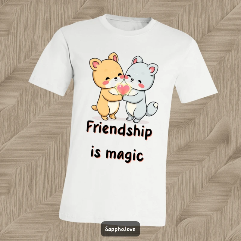 Funny Animal Friends T-Shirt with two cute animals holding hands and sharing a glowing heart, symbolizing strong friendship.