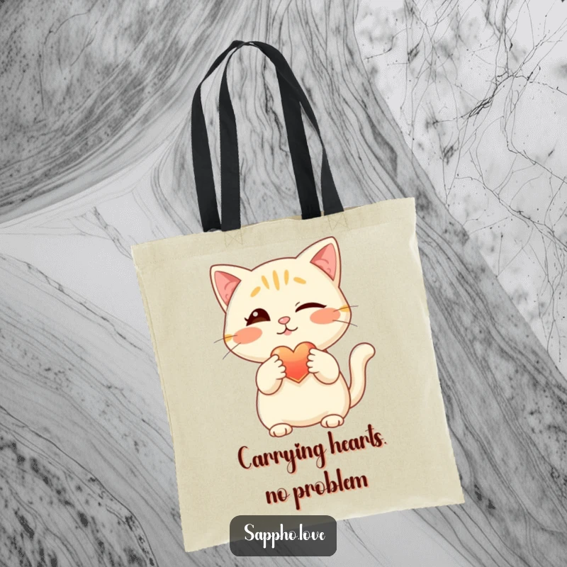 Funny cat tote bag, designed with a winking feline offering a radiant heart with its paw, a stylish and loving accessory.