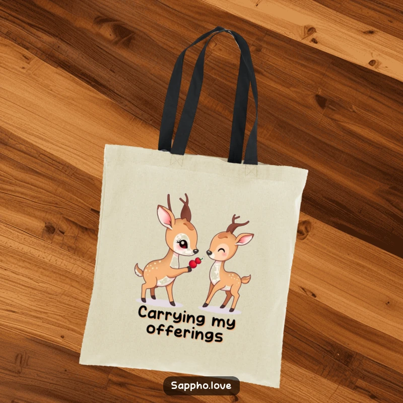 Funny tote bag with gentle deer with soft eyes offering a berry to another deer.